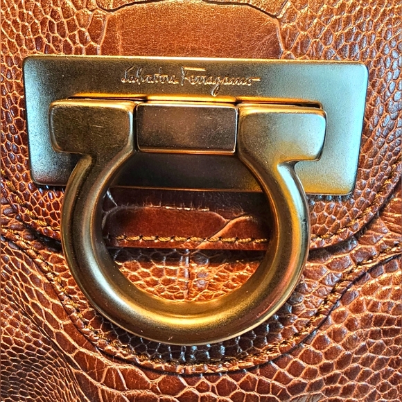 SALVADOR FERRAGAMO OSTRICH HAND BAG BROWN LEATHER - Picture 12 of 16